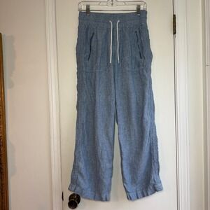 Athleta Cabo Linen Wide Leg Pants Blue Drawstring Zip Pockets Size 2P